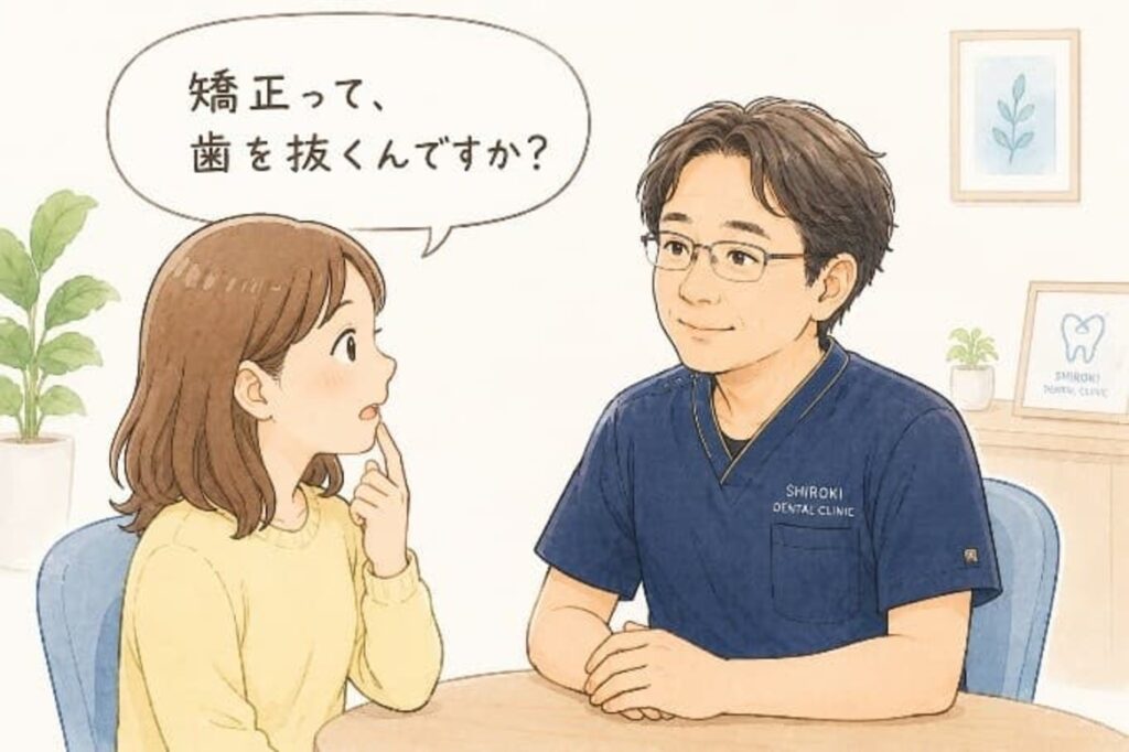 矯正は抜歯が必要なのか質問をする女性