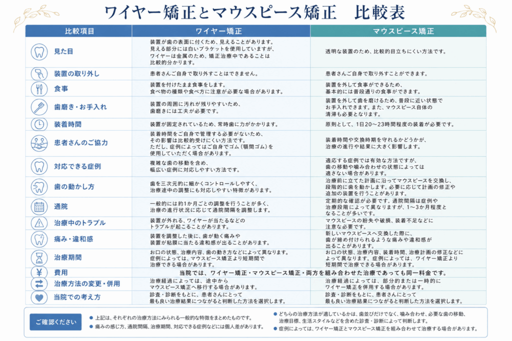 ワイヤー矯正とマウスピース矯正の比較表